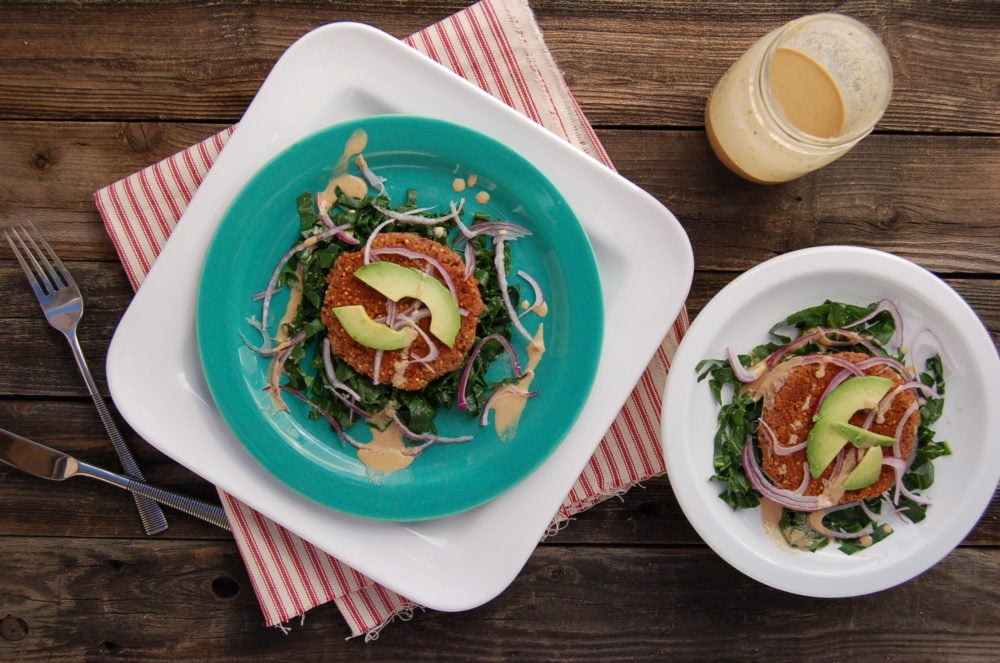 Lentil Millet Burgers over Collard Greens with Miso Tahini Dressing