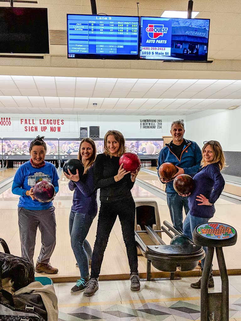 Luanne, Kellie, Molly, Dennis, Jen bowling. Jen scored 245! And Luanne 176!