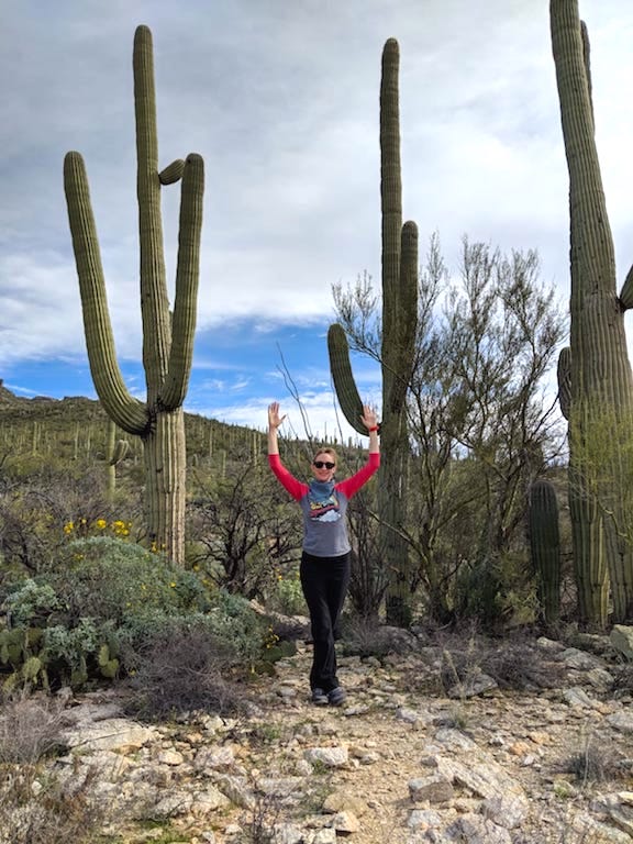 Molly standing amongst saguaro cacti that are almost three times taller the she is.