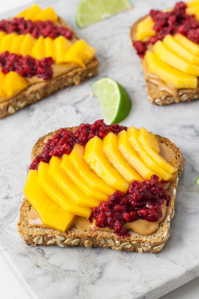 whole food plant based diet with three slices of peanut butter papaya toast