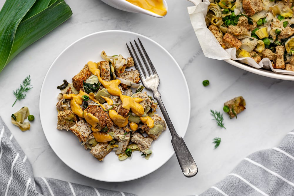 plant based savory bread pudding