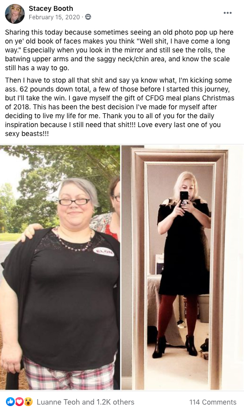 Weight loss and transformation after plant based diet. On the left, there is a picture of our Meal Plan subscriber in a black shirt. After deciding to change her life and eat more plant, she has 62+ pounds and is on the right with her incredible black dress and healthy body.