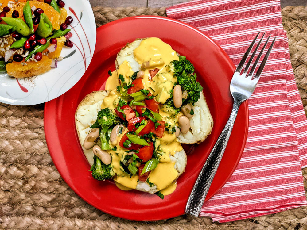 Cheesy Broccoli Stuffed Baked Potato and Pom Orange Salad