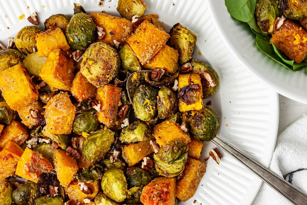 healthy rosemary maple roasted squash brussels sprouts