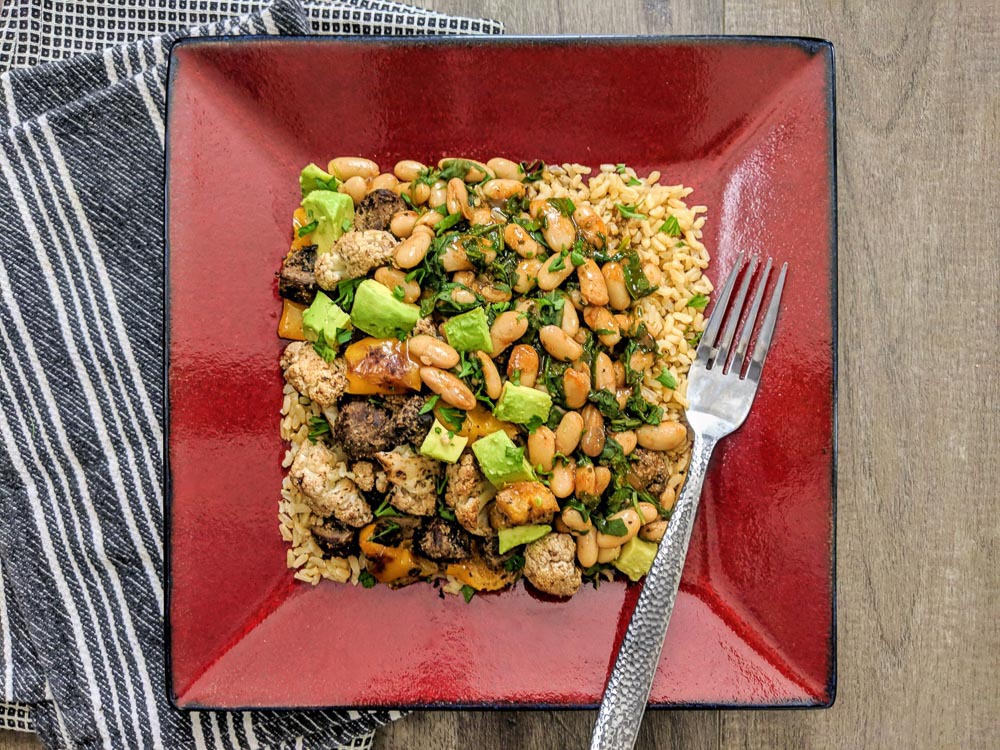 easoned Rice with Roasted  Mushrooms & Cauliflower and  Saucy Beans