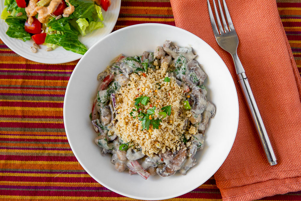 Lush Garlicky Mushrooms & Chickpeas and  Tomato Salad with Hummus Dressing