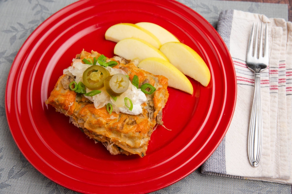 Plant based Cheesy Potato Sauerkraut Pierogi Lasagna and Apple Slices