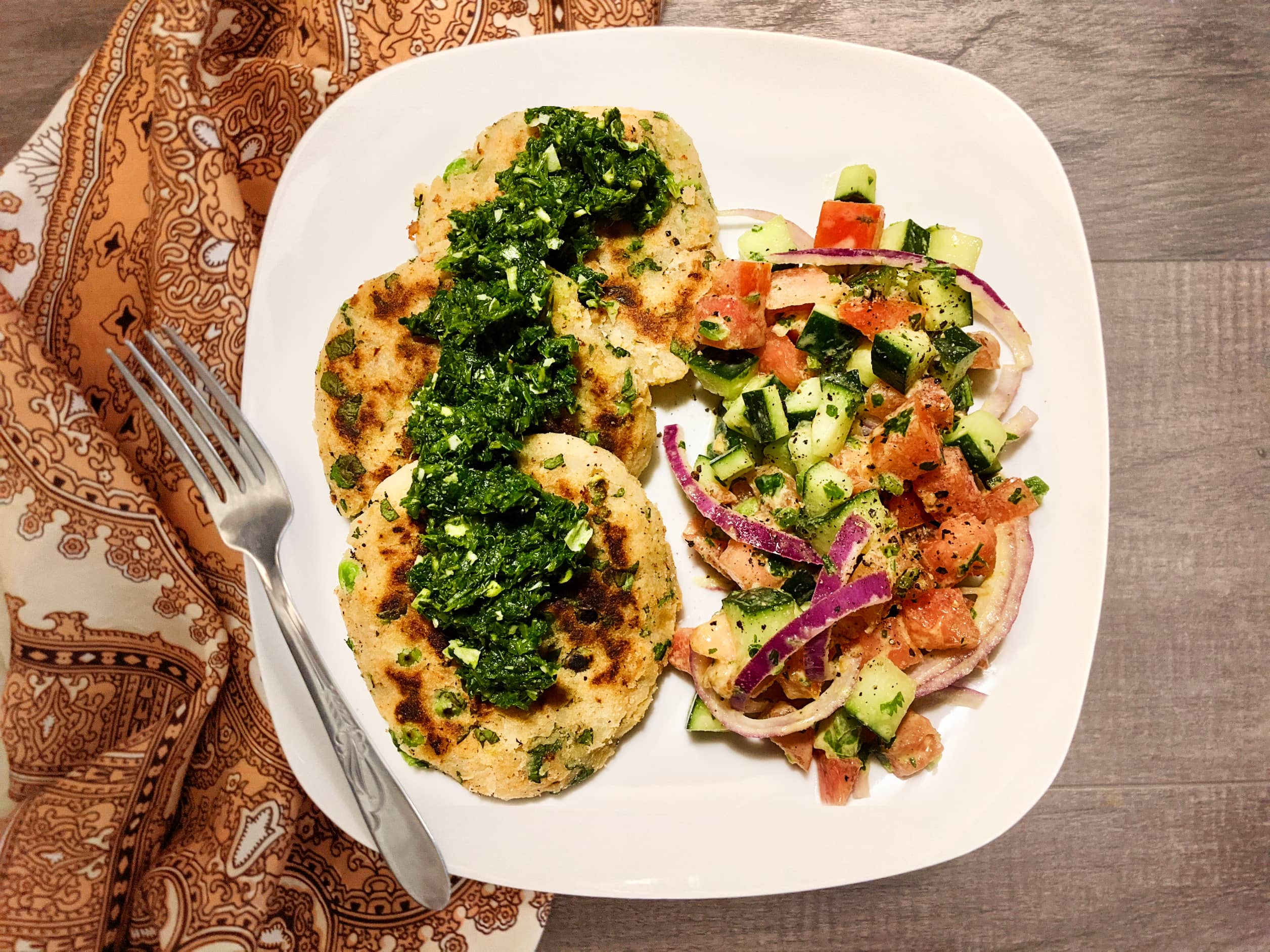 Plant Based Aloo Tikki with Green Chutney and Kachumber Salad with Cilantro Lime Dressing