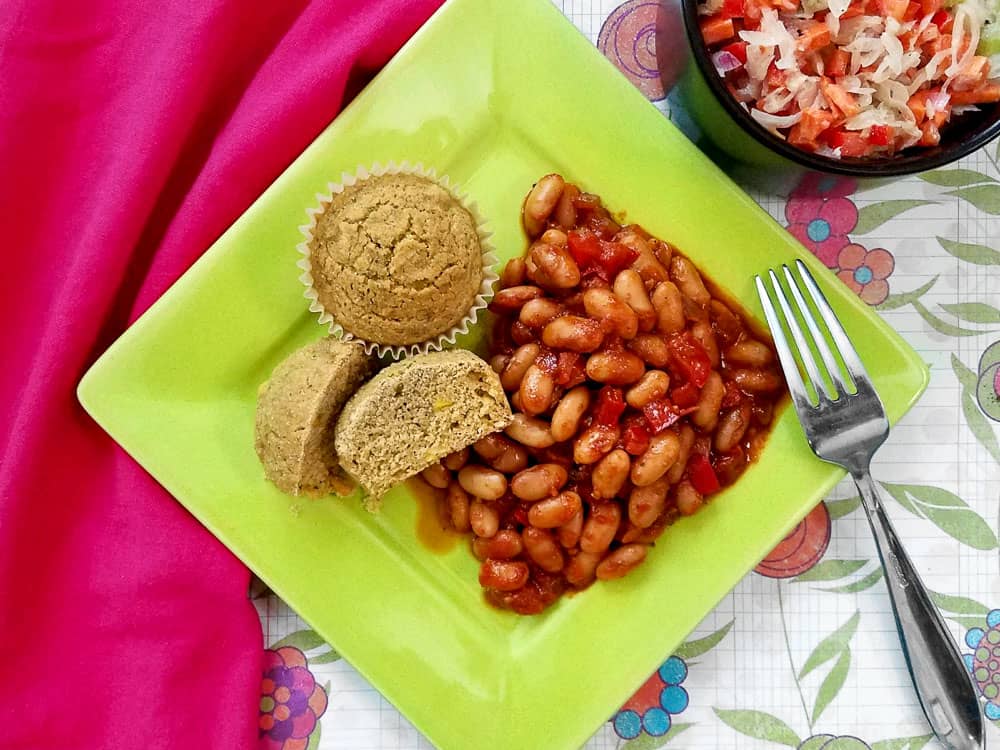 plant based Sweet & Tangy Baked Beans, Marinated Sauerkraut Salad and Corn Muffins