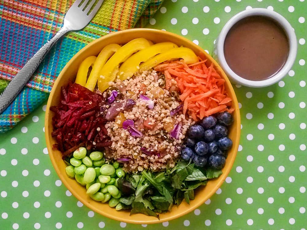 whole food plant based Rainbow Salad Bowl with Chia Walnut Vinaigrette