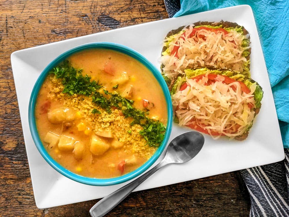 Plant based Smoky Potato Corn Chowder with Avo-Kraut Toast