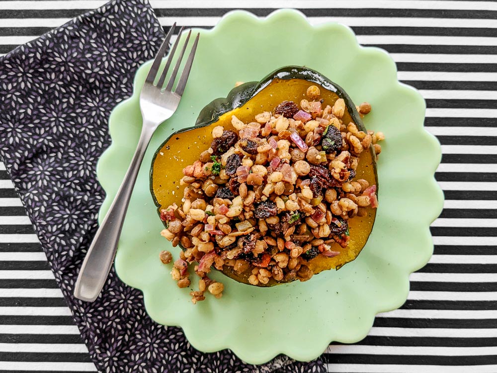 Plant Based Lentil Barley Pilaf Stuffed Acorn Squash