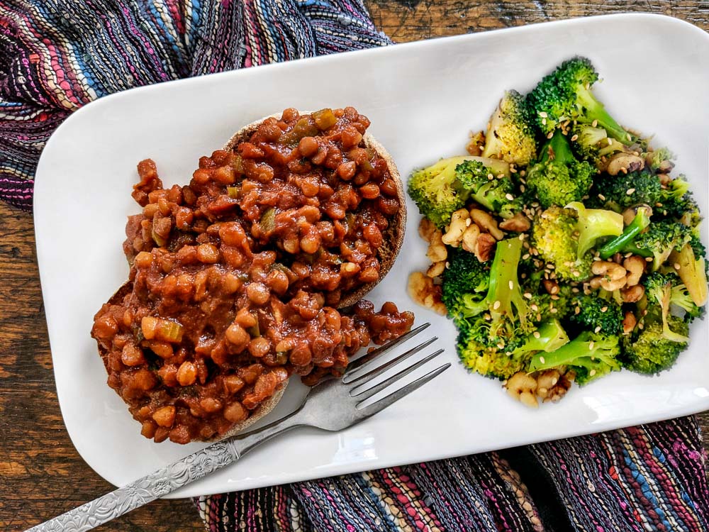 Open-face Lentil Sloppy Joes with a side of Nutty Broccoli