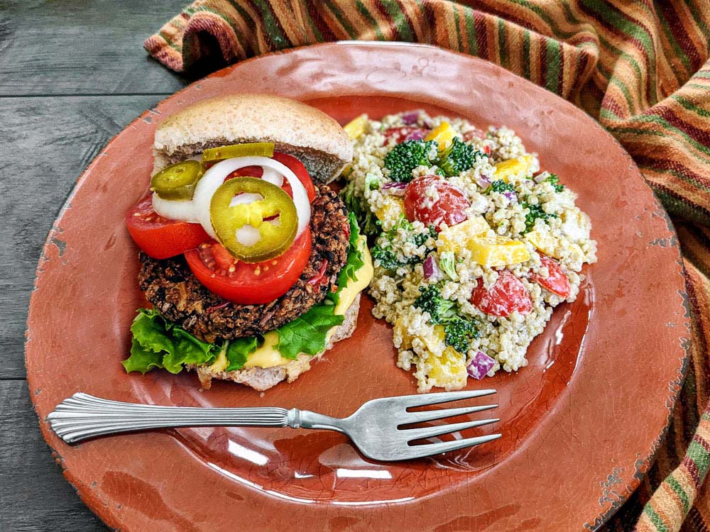 SaucySouthwest Cheesy Badass Black Bean Burgers and Chili Lime Quinoa Salad