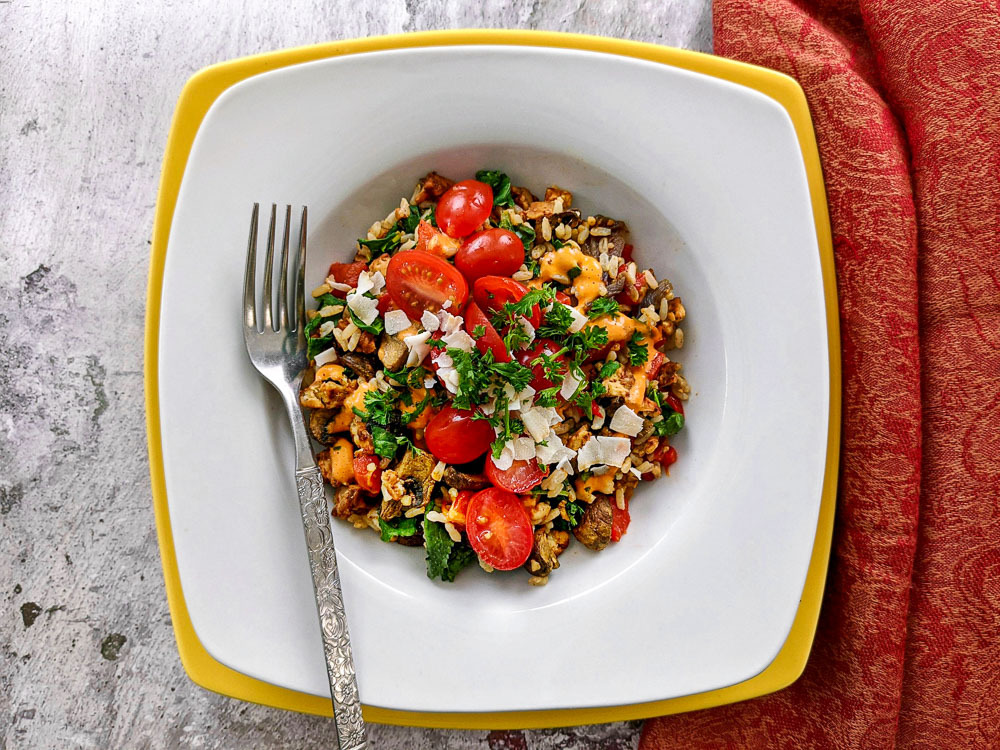 Vegan Curried Mushroom Skillet with Red Pepper Sauce