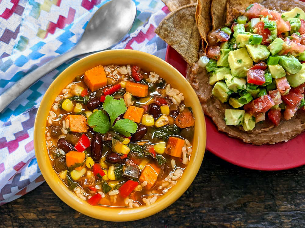 Mexican Corn & Rice Stew with Refried Bean Dip & Chips