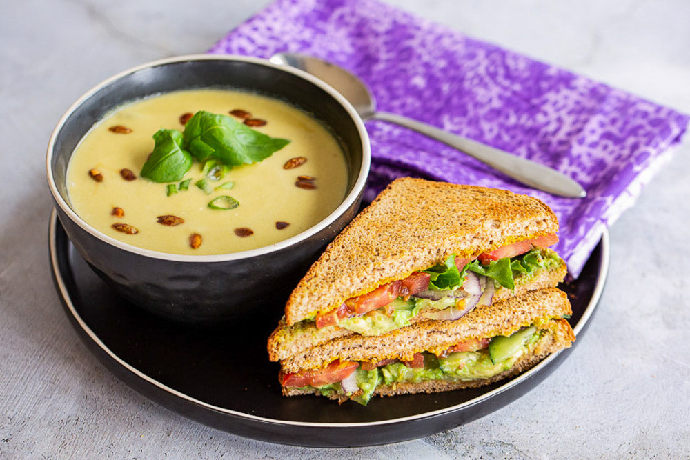 Lemongrass Asparagus Soup and Garlicky Avocado & Veggie Sandwich