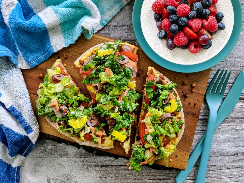 Day-at-the-Beach Salad Pizza and Fresh Fruit Salad