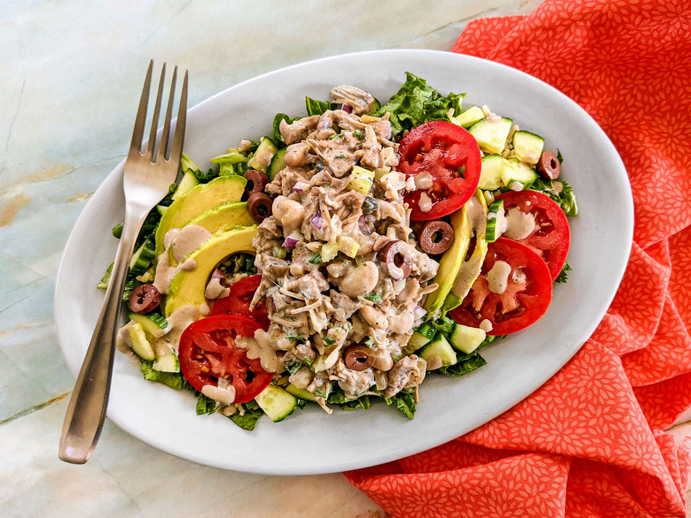 Plant Based Herby Jackfruit Tuna & Avocado Salad with Creamy Dairy Free Greek Dressing