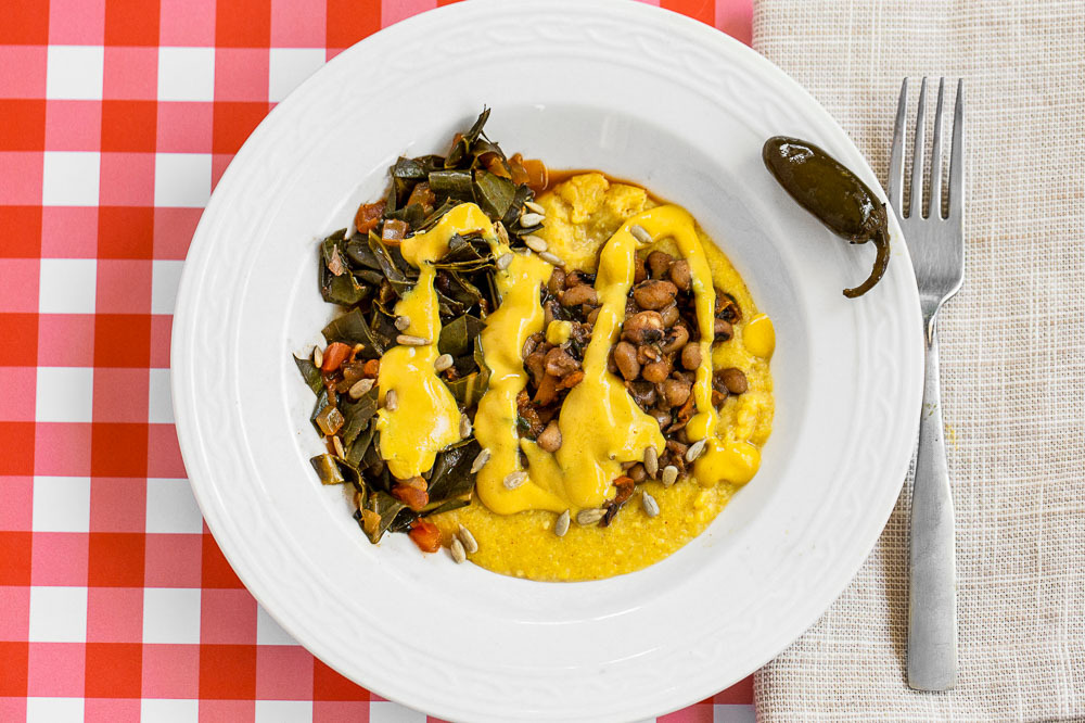 Southern Black Eyed Peas and Extra Cheesy Grits & Greens
