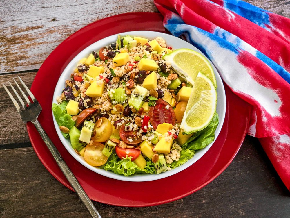 Summery Vegetarian Black Bean Mango Couscous Bowl with Chili Lime Pepitas