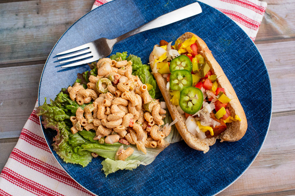 All American Vegan Whole Food Carrot Dogs and Macaroni Bean Salad