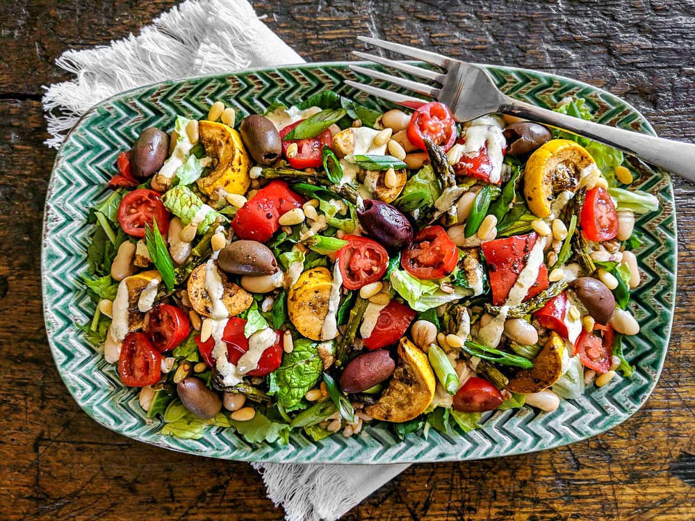 Mediterranean Roasted Veg Salad with Oil Free Garlicky Vinaigrette 