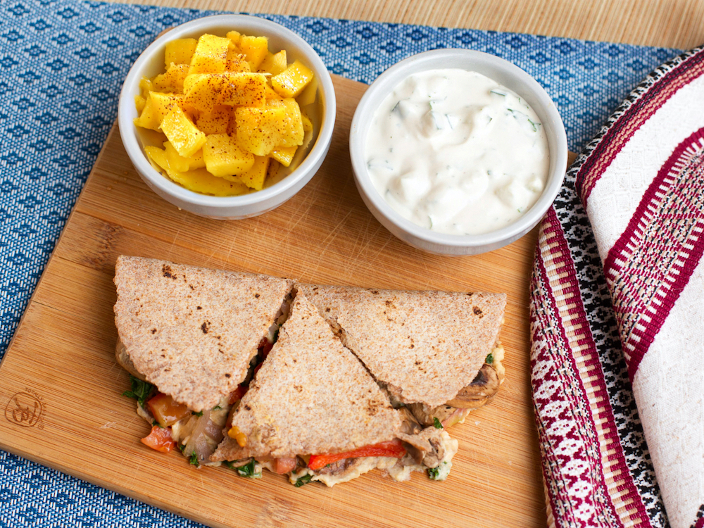 Sauteed Veggies Oil Free Hummus Quesadillas and Chili Lime Mango 