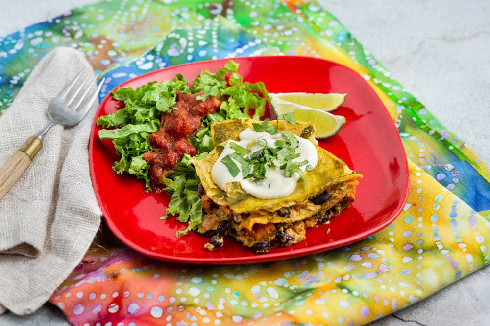 Sazon-spiced Squash & Black Bean Green Enchiladas Apilar Stacked