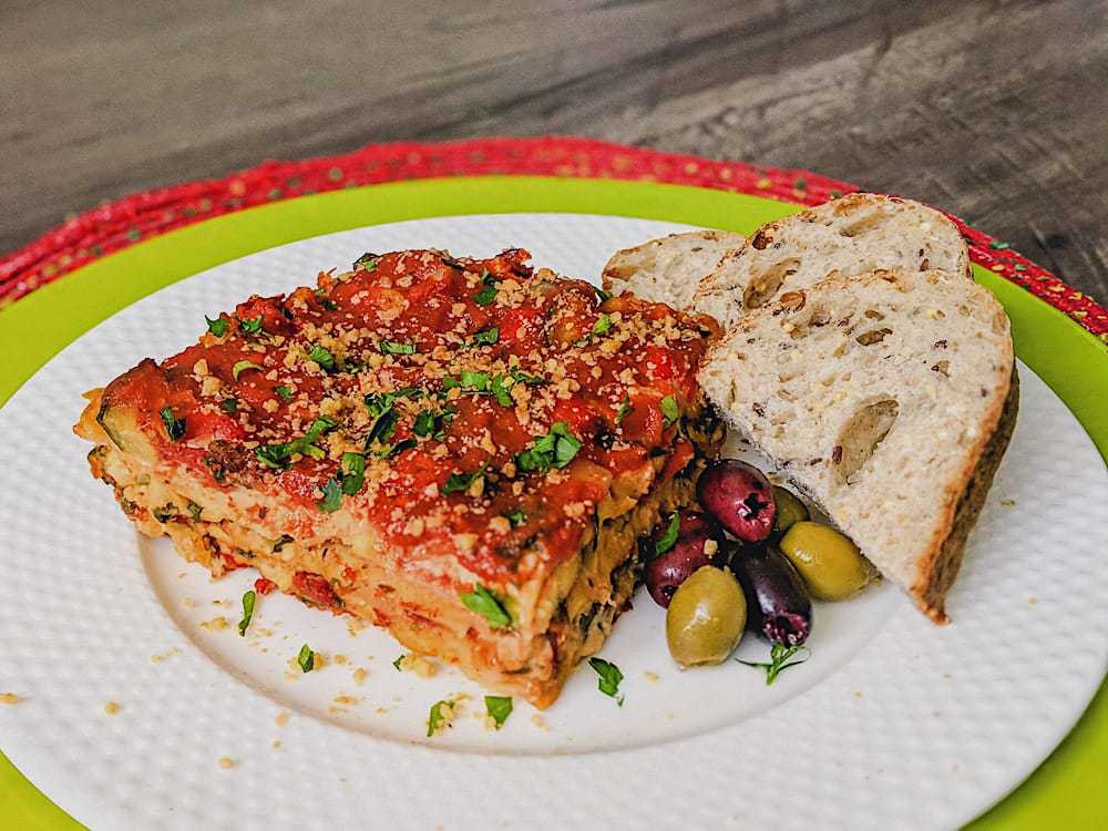 Whole-Food Plant-Based Cheesy Zucchini Lasagna with Whole Grain Baguette