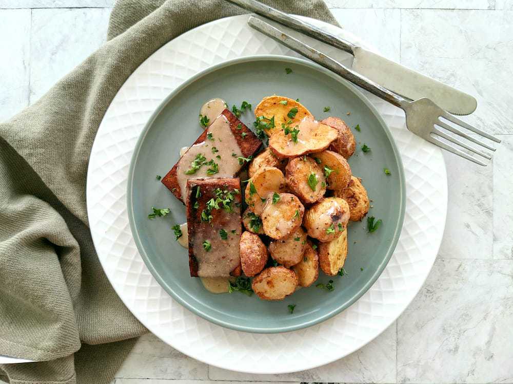 Whole-Food Plant-Based Tofu Steaks and Rosemary-roasted Baby Potatoes