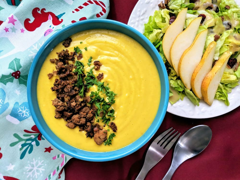 Creamy Dairy-Free Butternut Bisque and Butter Lettuce Salad with Tangy Apple Cider Vinaigrette