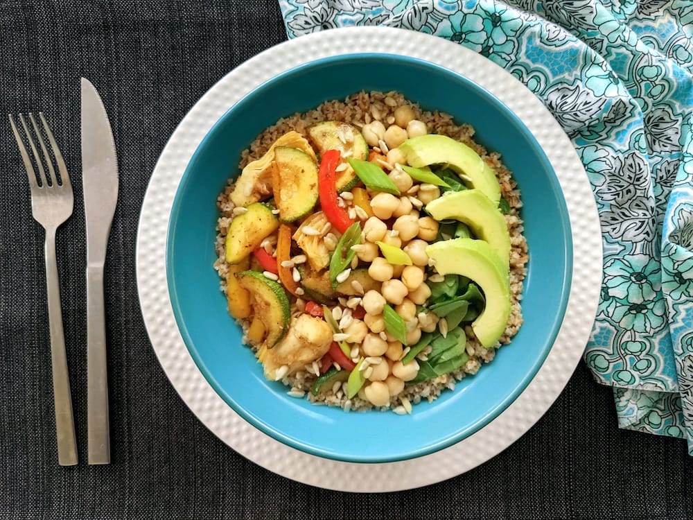 Pan-roasted Zucchini Artichoke Bowl with Creamy Ranch Dip 