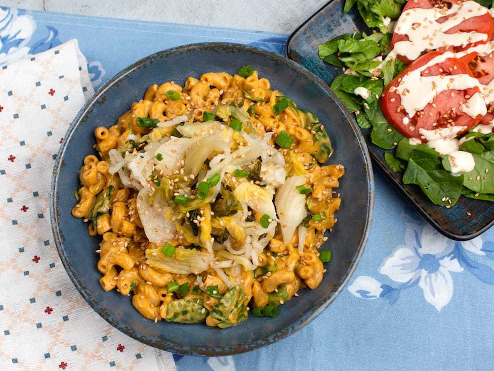 Kimchi Dairy Free Mac & Cheese and Sliced Tomato Salad 