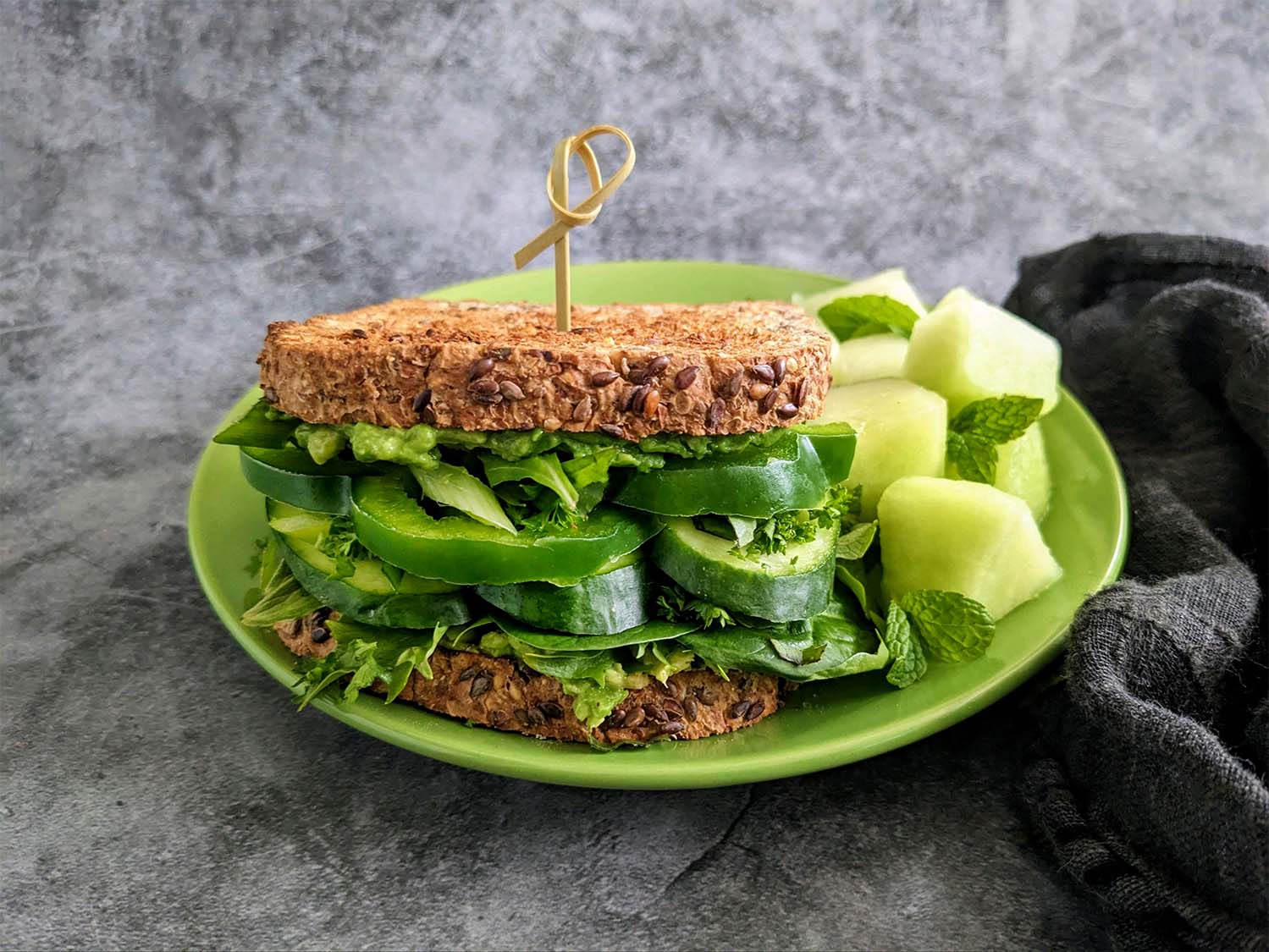 WFPB Healthy Green Goddess Sammie and Minty Melon Salad