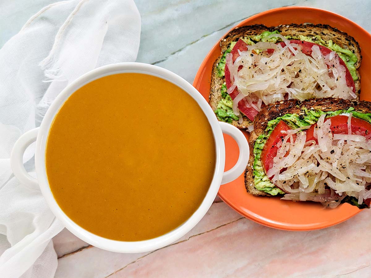 Cheddary Dairy Free Potato Soup and Avo-Kraut Toast