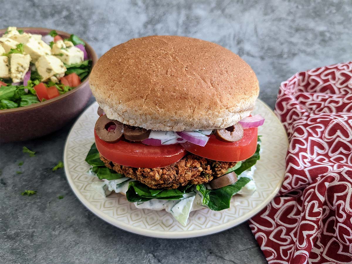 Vegan Greek Goddess Burgers and Parsley Salad with Dairy-Free Vegan Feta