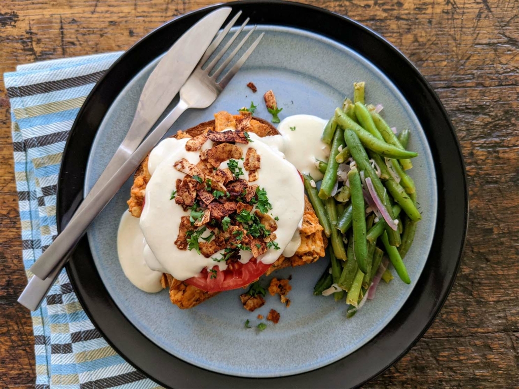 Plant Based Kentucky Hot Brown and Dilly Green Beans