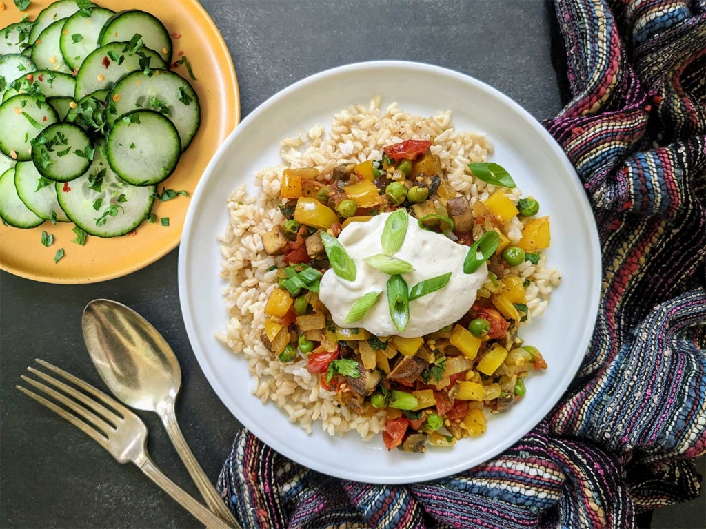 Mushroom Masala over Lemony Rice with Vegan Sour Cream and Cucumber Salad 