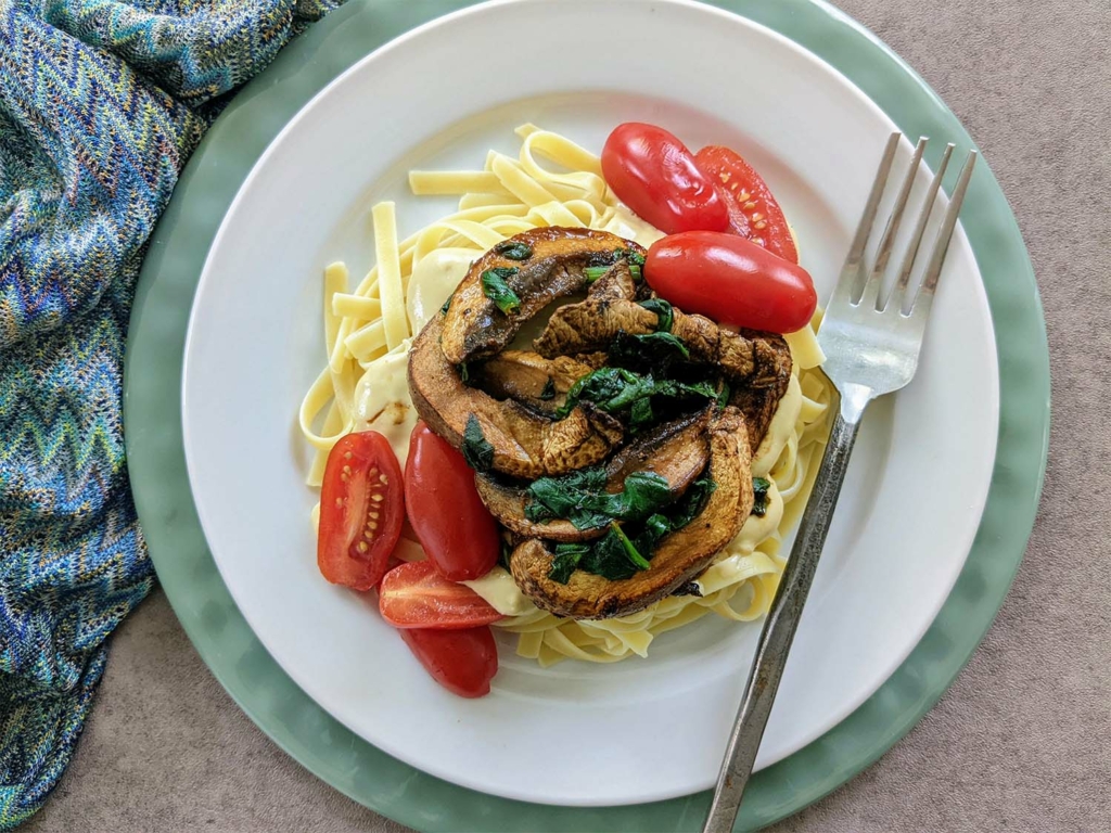 Vegan Pasta Alfredo with Smoky Portobello Strips