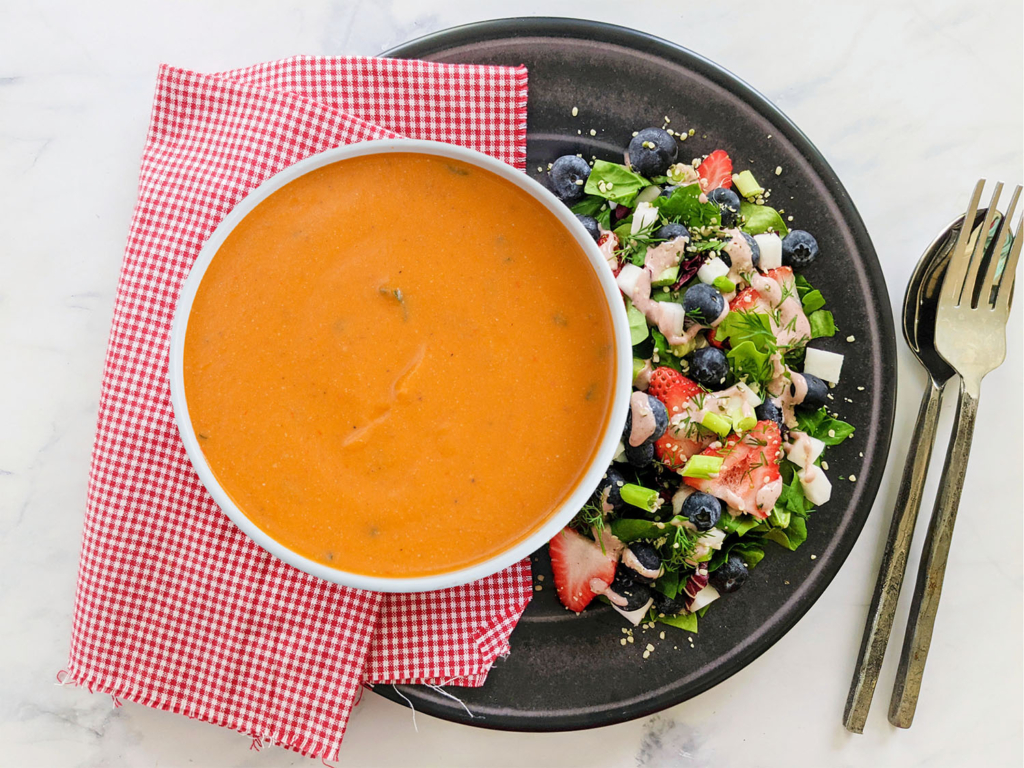 Creamy Vegan Tomato Soup and Strawberry Radicchio Spinach Salad