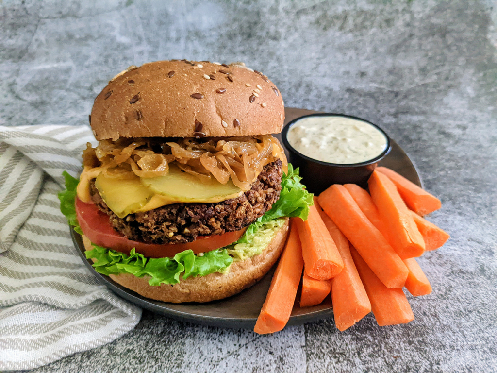 Blackened OMG Plant Based Vegan Burger and Carrot Sticks Blue Cheese Dip