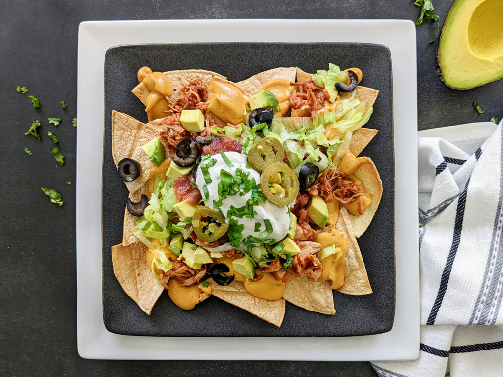 Loaded Smoky Barbecue Whole-Food Plant-Based Jackfruit Nachos