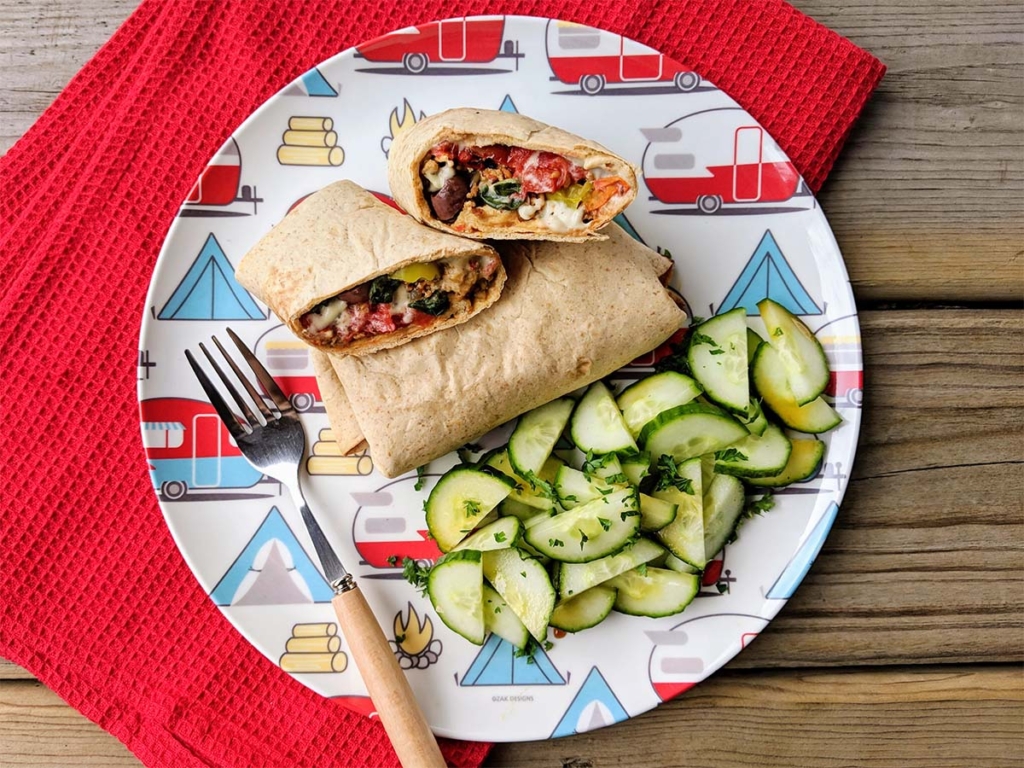 Cheesy Campfire Plant Based Pizza Pockets and Summer Cucumber Salad