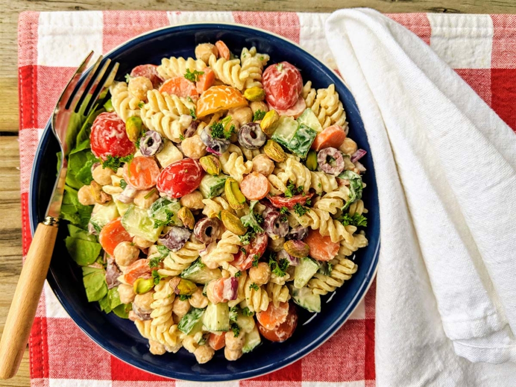 Creamy Oil Free Tuscan Pasta Salad Bowl