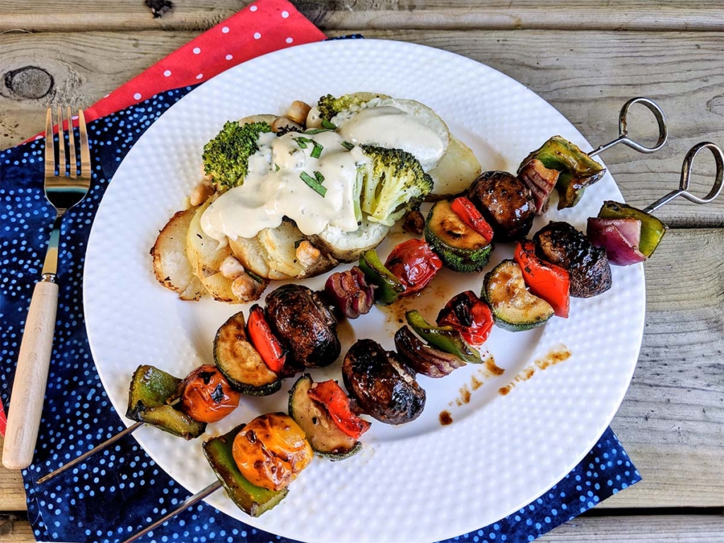 Grilled Veggie Vegan Kabobs with Packet Potatoes Broccoli