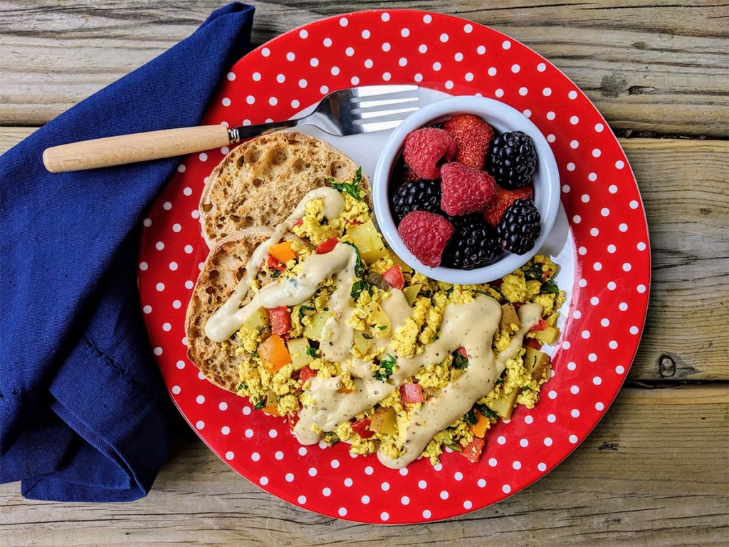 Open faced Breakfast Tofu Scramble Sandwiches with Fresh Berry Medley