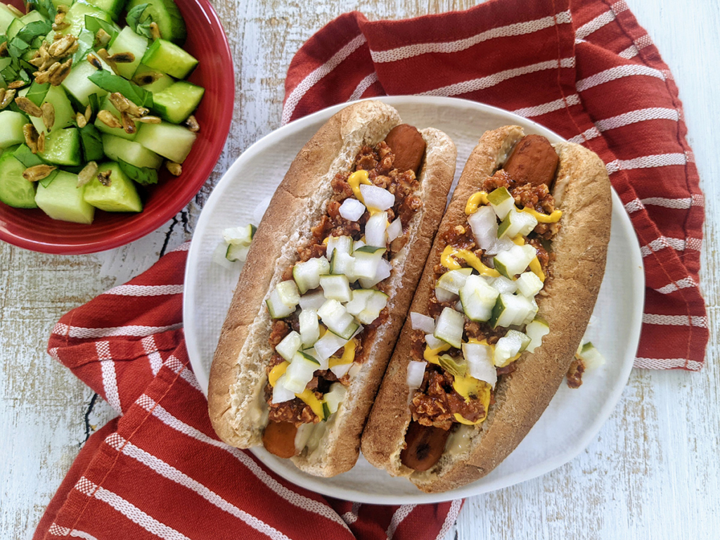 Ballpark Cheesy Chili Vegan Dogs and Cucumber Melon Salad