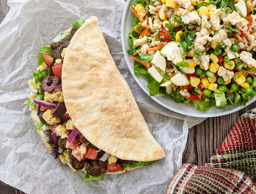 Savory Mushroom Whole Food Plant Based Healthy Gyros with Almond Feta and Lemon Herb Rice Salad 