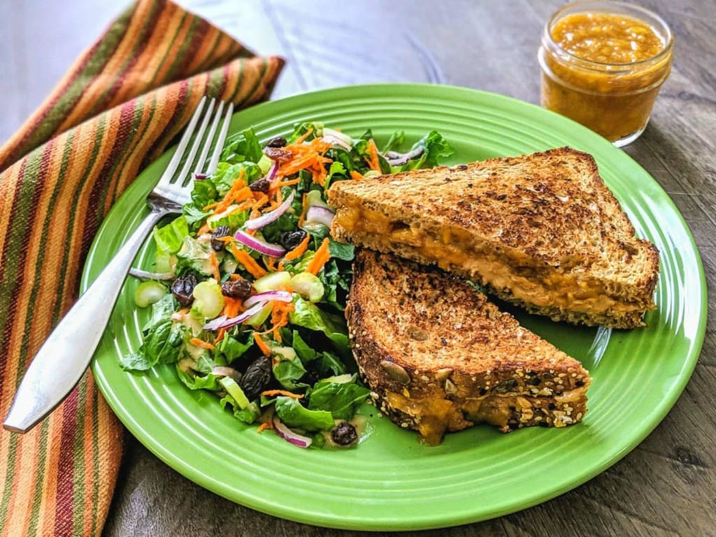 Toasted Almond Butter Peach Jam Sandwich with Sweet Tangy Mixed Greens Oil Free Salad